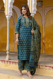 Green Motif Printed Cotton Kurta Set with Palazzos and Dupatta