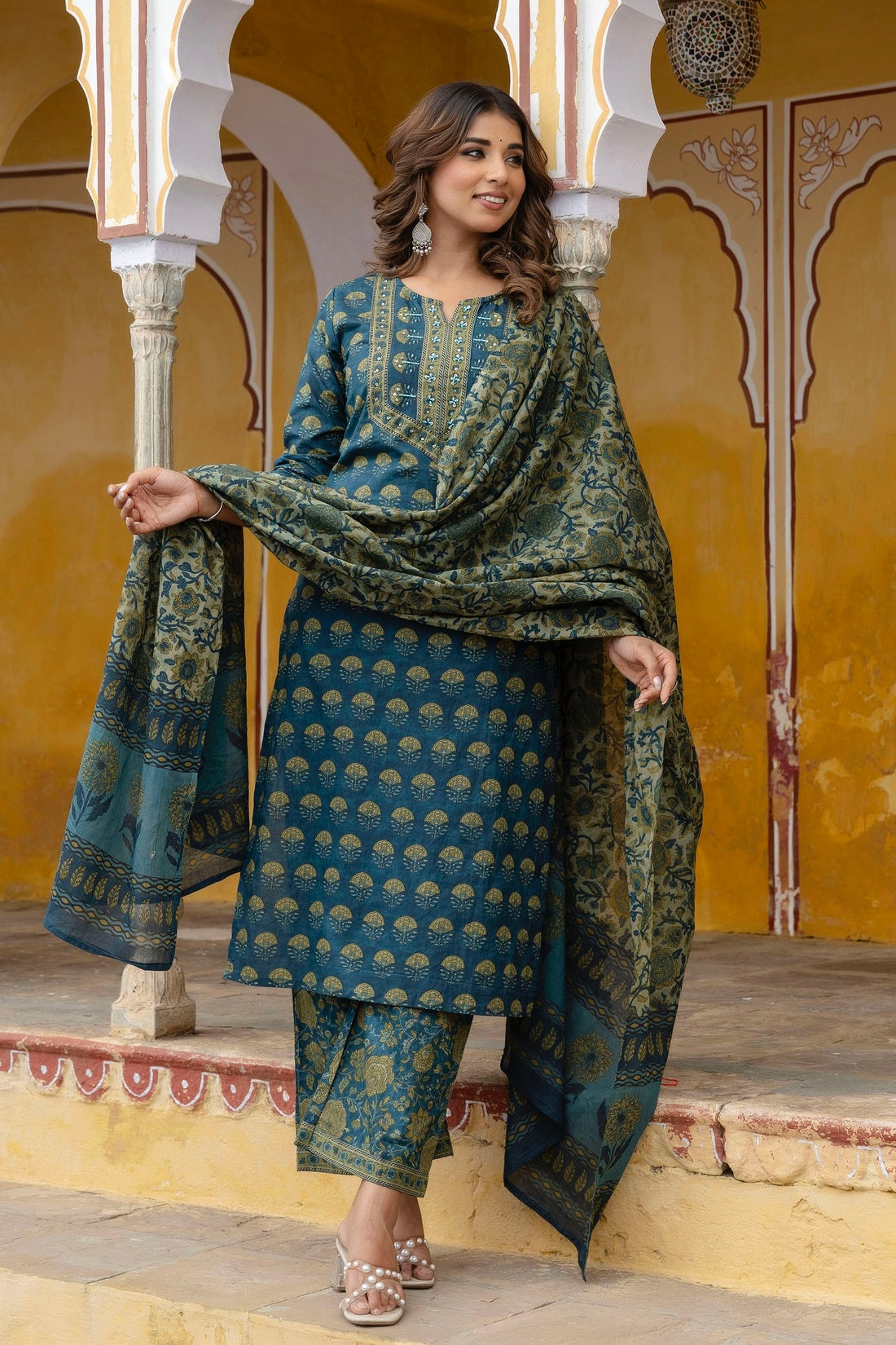 Green Motif Printed Cotton Kurta Set with Palazzos and Dupatta