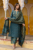 Green Motif Printed Cotton Kurta Set with Palazzos and Dupatta