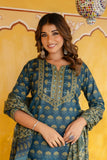 Green Motif Printed Cotton Kurta Set with Palazzos and Dupatta