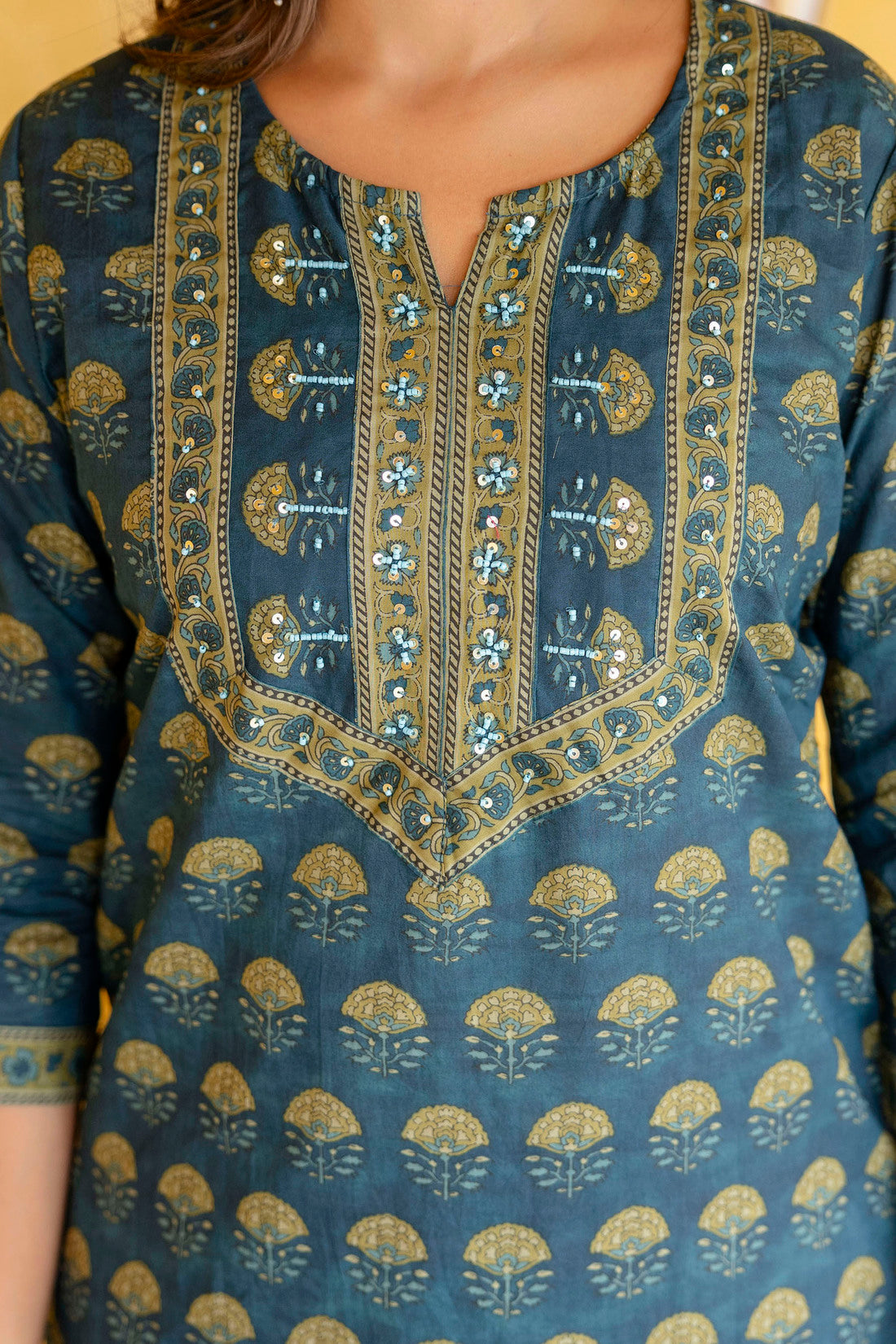 Green Motif Printed Cotton Kurta Set with Palazzos and Dupatta