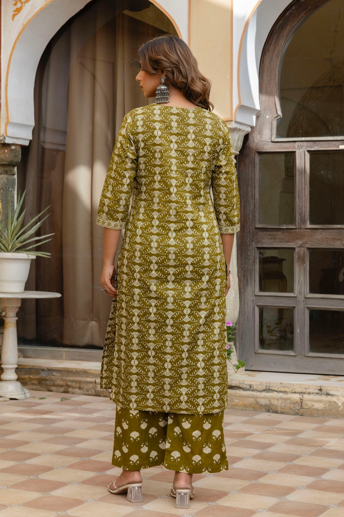 Olive Green Ethnic Printed Cotton Kurta Set with Palazzos and Dupatta