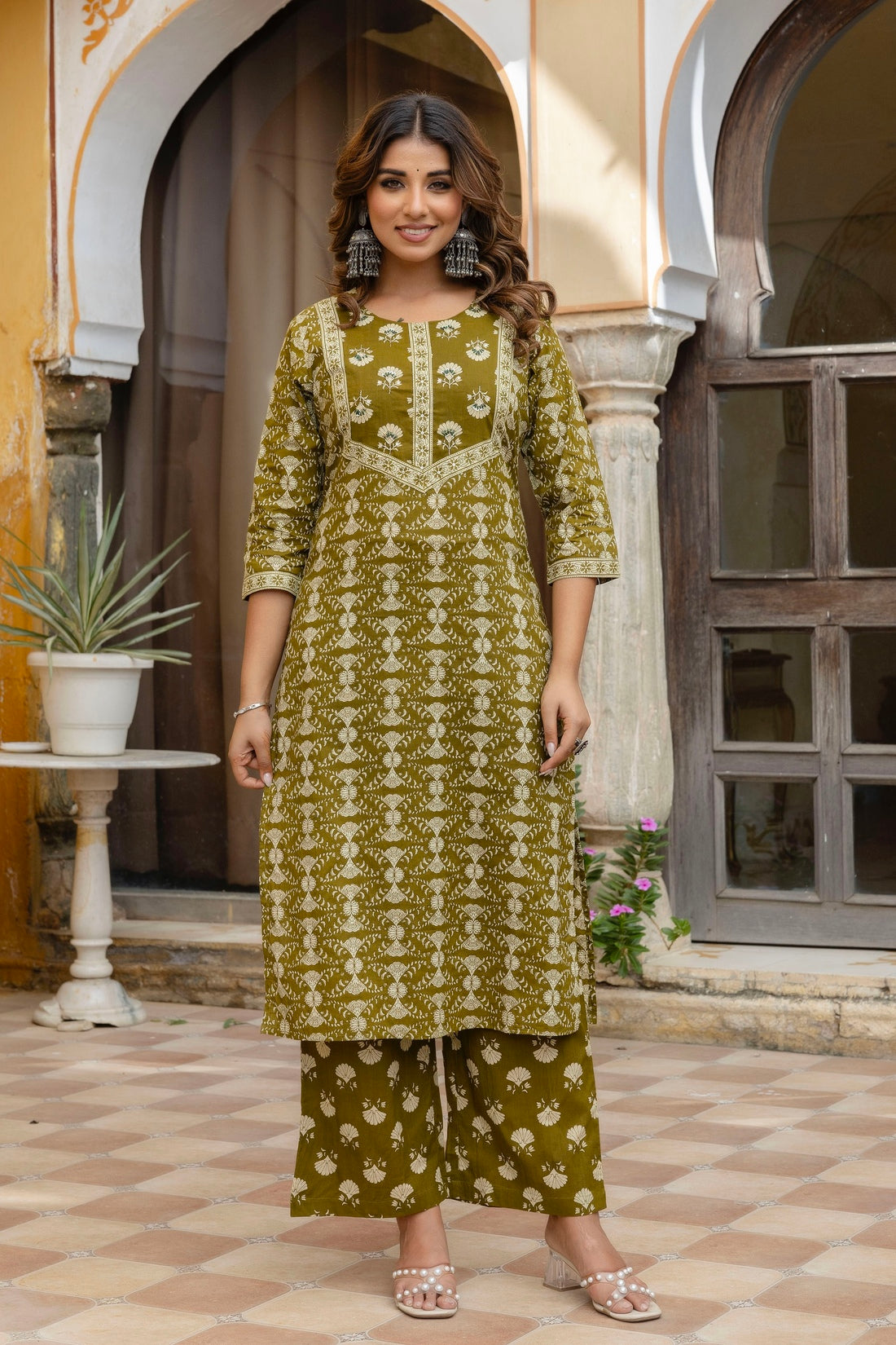 Olive Green Ethnic Printed Cotton Kurta Set with Palazzos and Dupatta