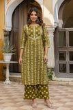 Olive Green Ethnic Printed Cotton Kurta Set with Palazzos and Dupatta
