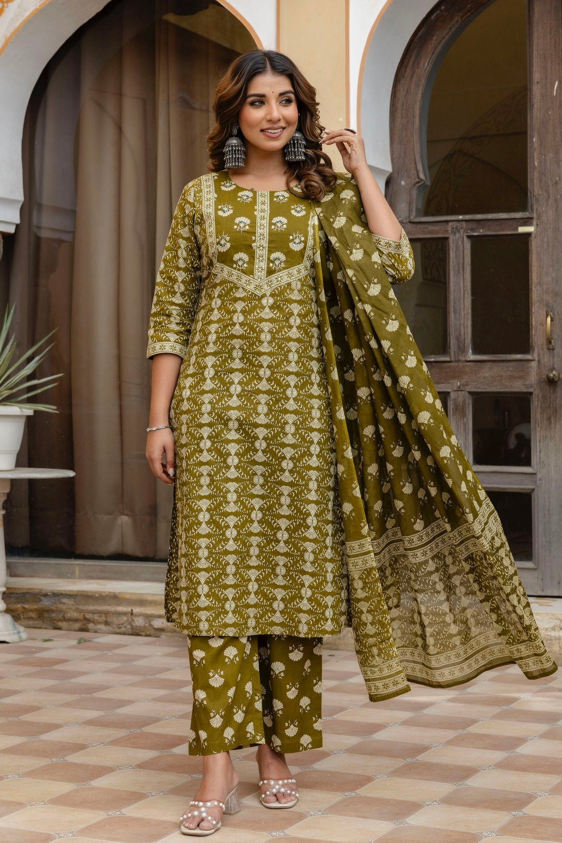 Olive Green Ethnic Printed Cotton Kurta Set with Palazzos and Dupatta