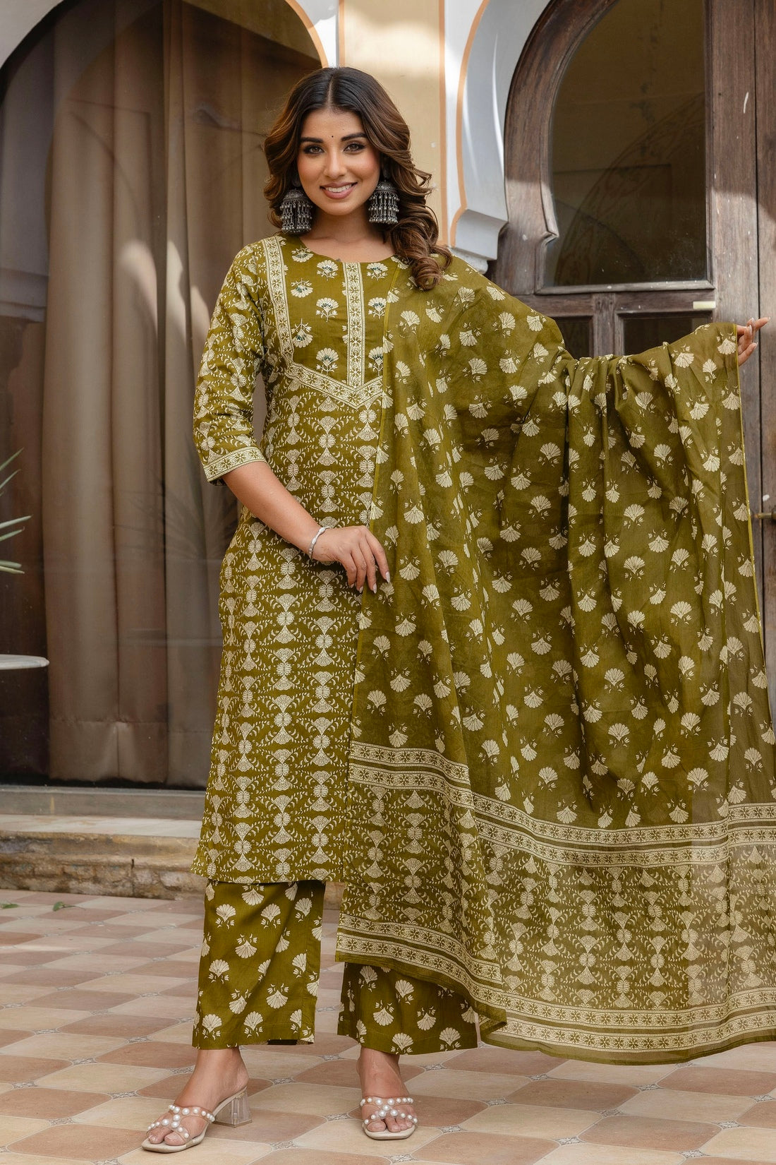 Olive Green Ethnic Printed Cotton Kurta Set with Palazzos and Dupatta