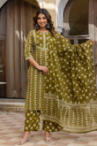 Olive Green Ethnic Printed Cotton Kurta Set with Palazzos and Dupatta