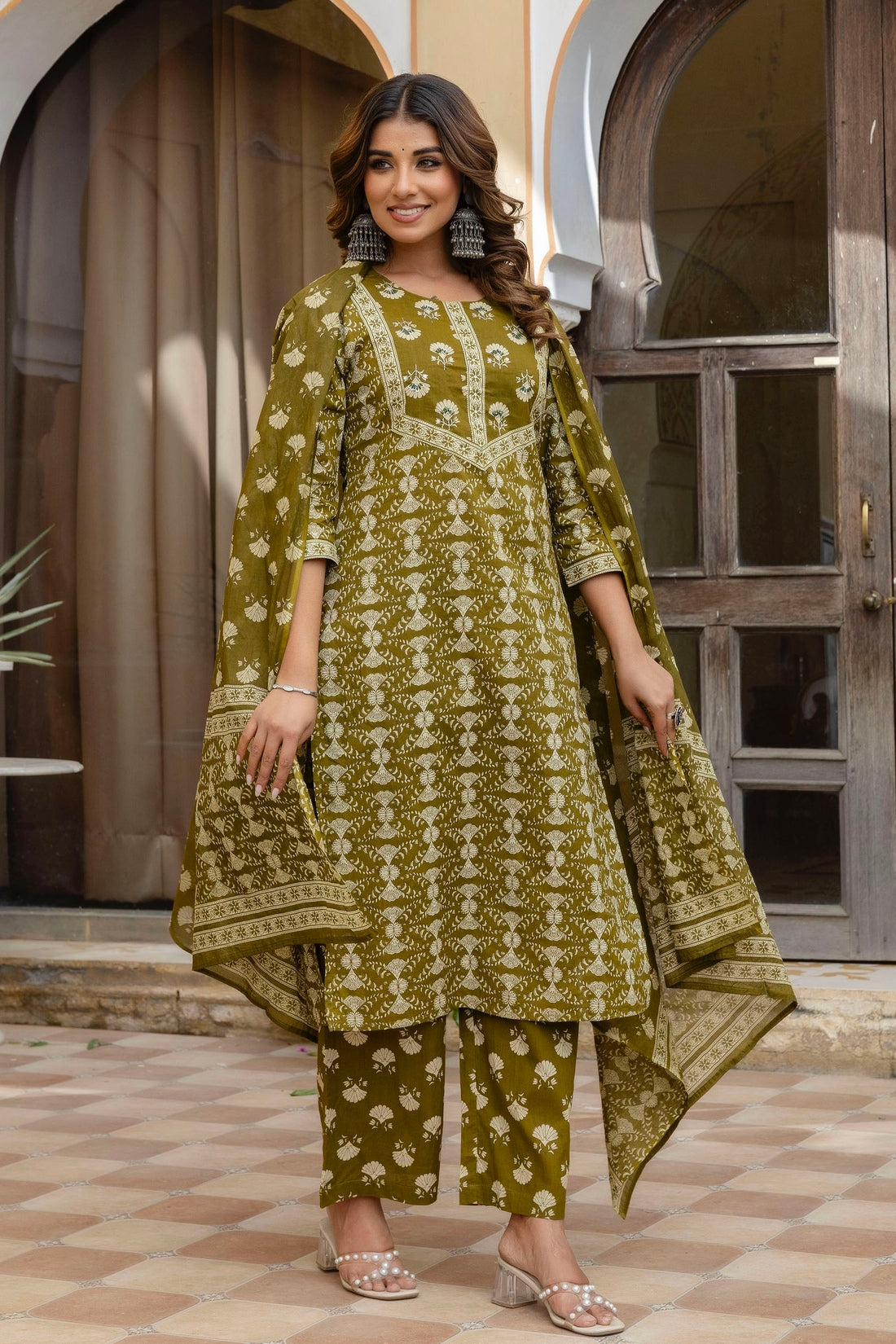 Olive Green Ethnic Printed Cotton Kurta Set with Palazzos and Dupatta