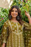 Olive Green Ethnic Printed Cotton Kurta Set with Palazzos and Dupatta