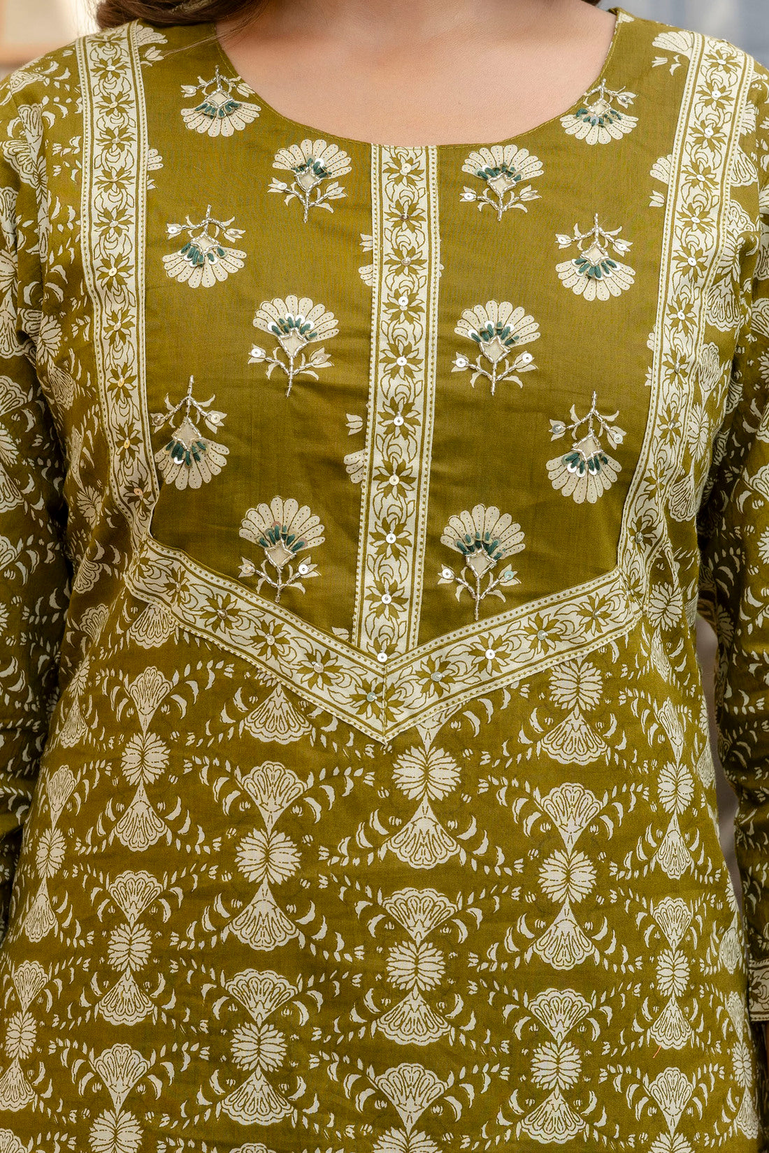 Olive Green Ethnic Printed Cotton Kurta Set with Palazzos and Dupatta