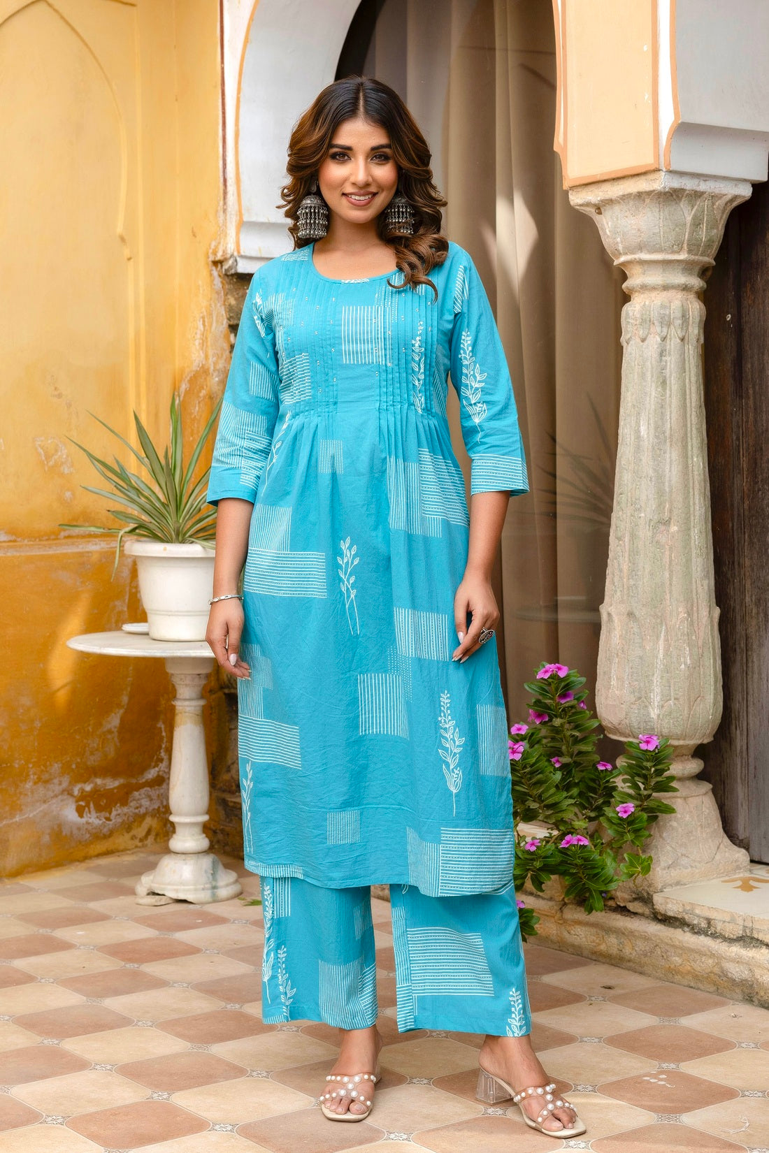 Blue Pintucks Cotton Kurta Set with Palazzo