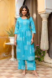 Blue Pintucks Cotton Kurta Set with Palazzo