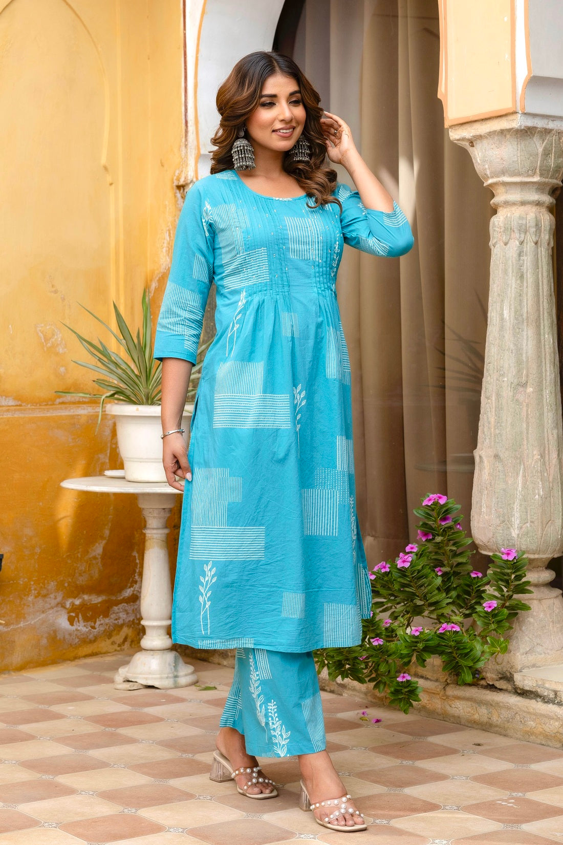Blue Pintucks Cotton Kurta Set with Palazzo