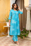 Blue Pintucks Cotton Kurta Set with Palazzo