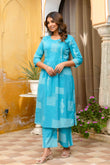 Blue Pintucks Cotton Kurta Set with Palazzo