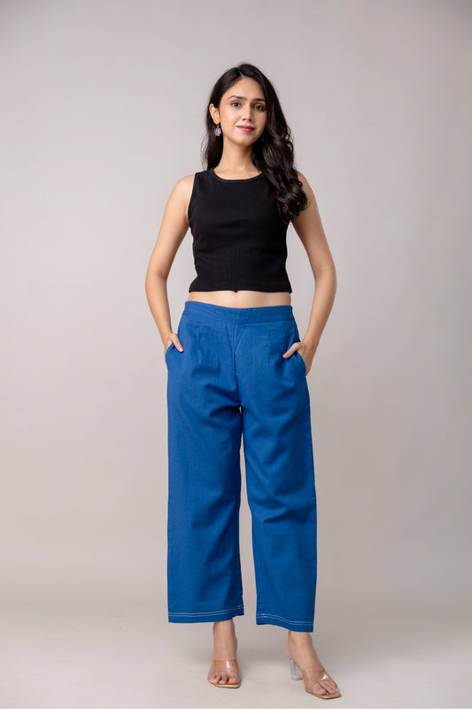 Blue Wide Leg Mid Rise Palazzos