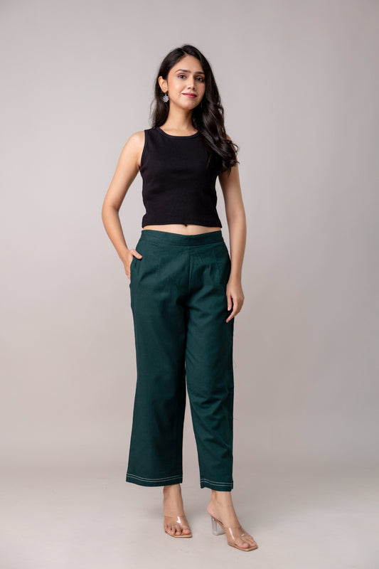 Bottle Green Wide Leg Mid Rise Palazzos