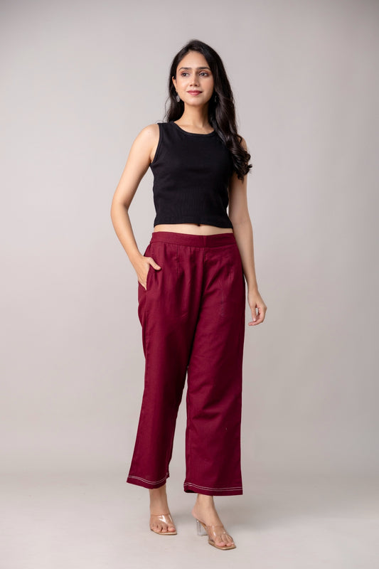 Maroon Wide Leg Mid Rise Palazzos