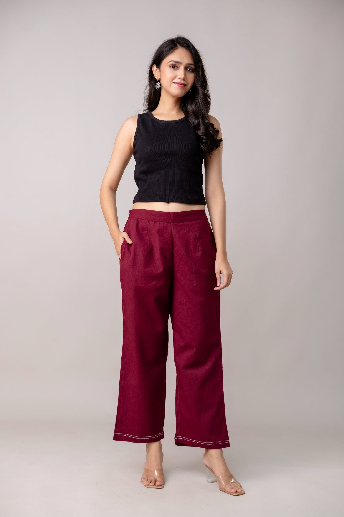 Maroon Wide Leg Mid Rise Palazzos