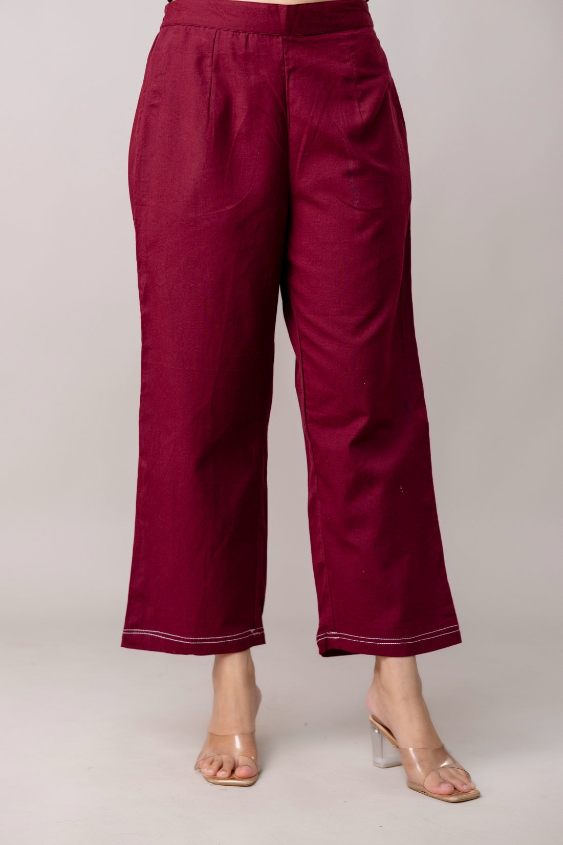 Maroon Wide Leg Mid Rise Palazzos