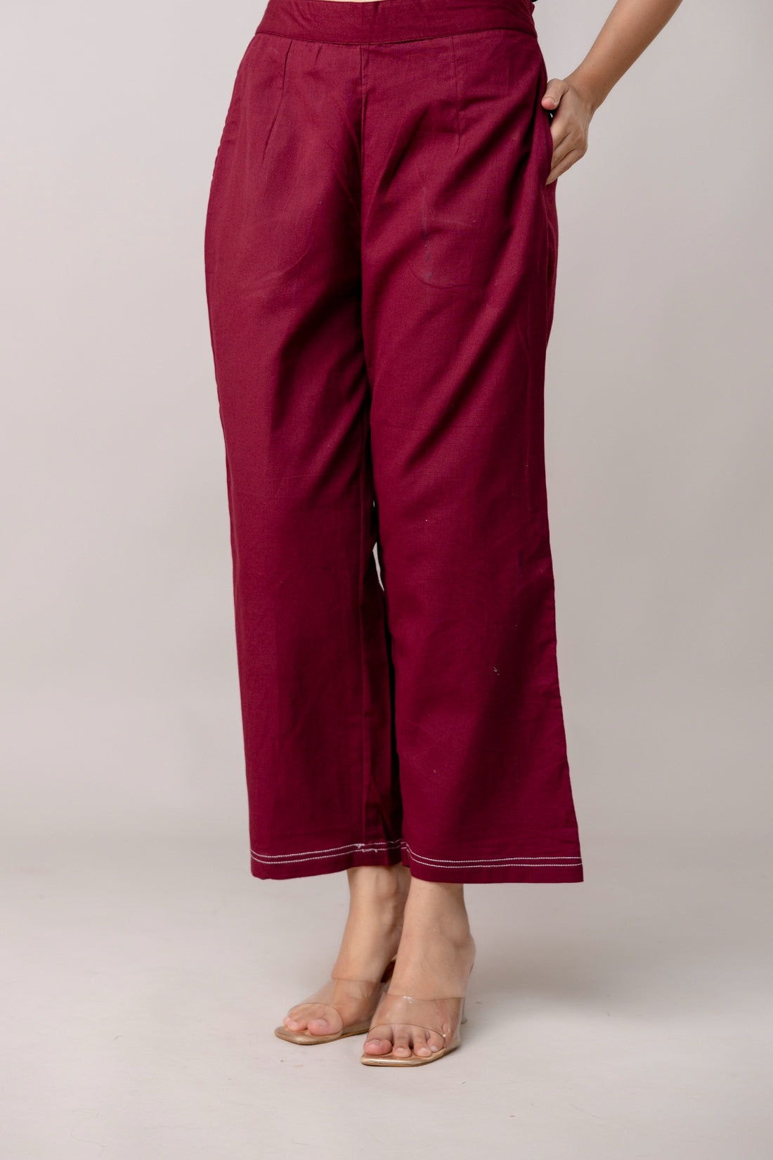 Maroon Wide Leg Mid Rise Palazzos