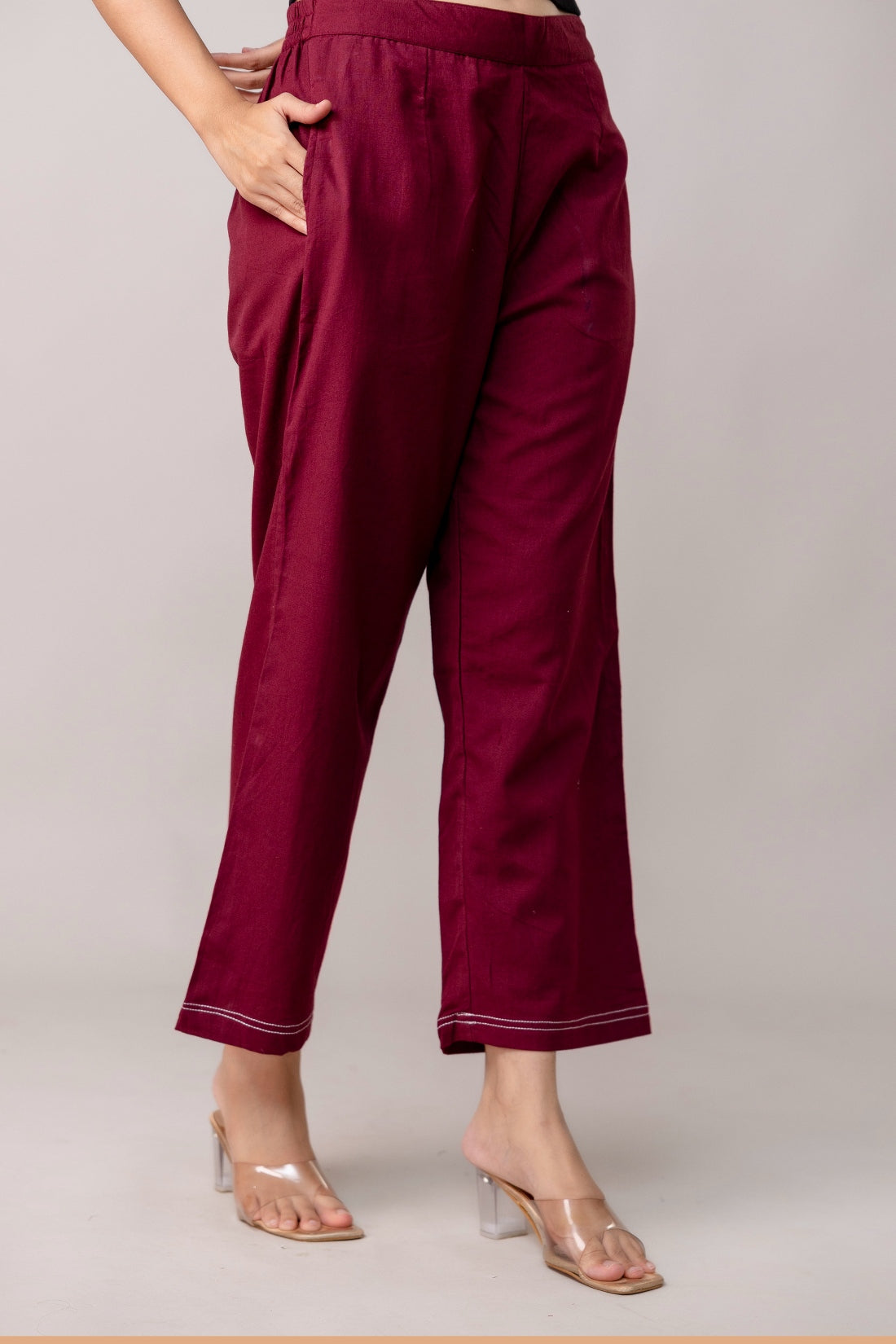 Maroon Wide Leg Mid Rise Palazzos