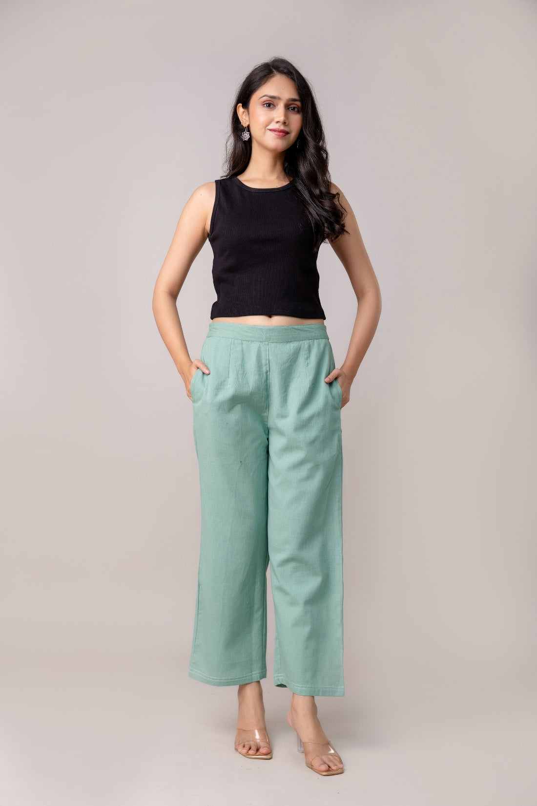 Sage Green Wide Leg Mid Rise Palazzos