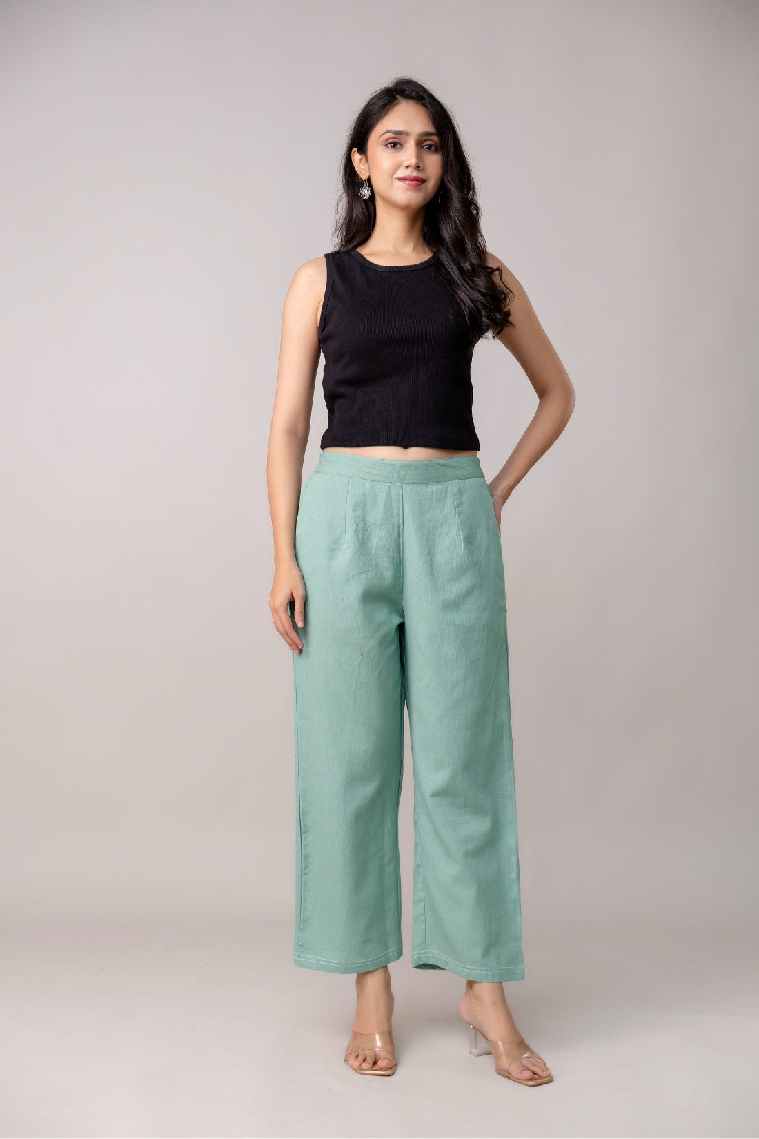 Sage Green Wide Leg Mid Rise Palazzos