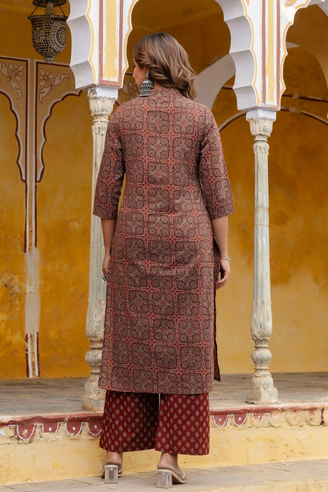 Maroon Yoke Design Printed Cotton Kurta Set with Palazzos and Dupatta