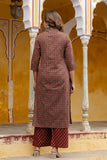 Maroon Yoke Design Printed Cotton Kurta Set with Palazzos and Dupatta