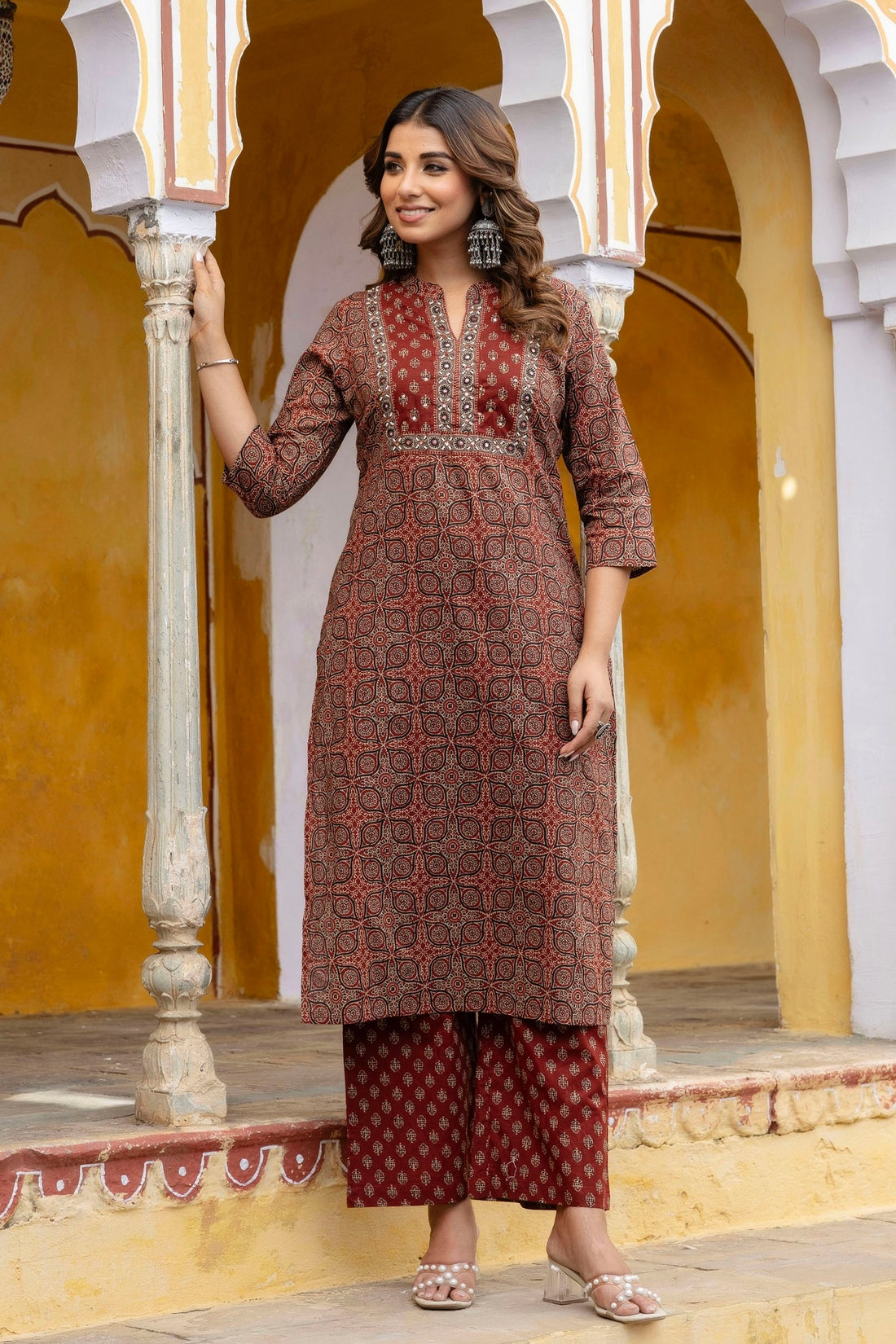Maroon Yoke Design Printed Cotton Kurta Set with Palazzos and Dupatta