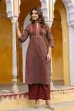 Maroon Yoke Design Printed Cotton Kurta Set with Palazzos and Dupatta