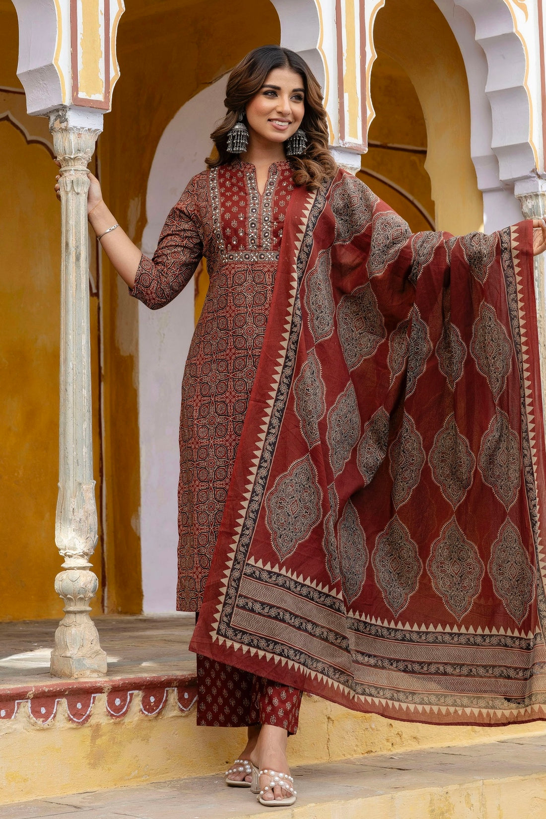 Maroon Yoke Design Printed Cotton Kurta Set with Palazzos and Dupatta