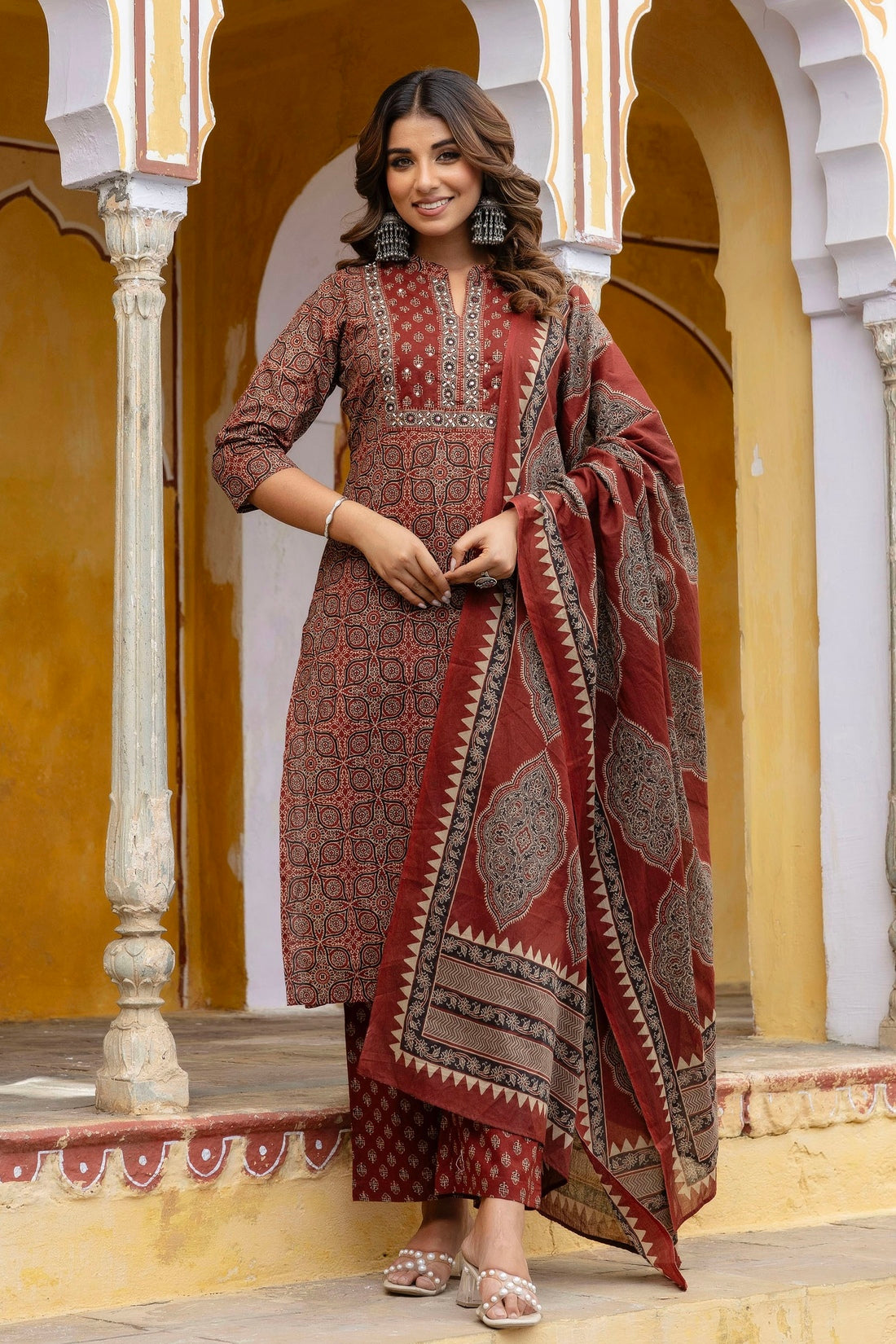 Maroon Yoke Design Printed Cotton Kurta Set with Palazzos and Dupatta