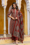 Maroon Yoke Design Printed Cotton Kurta Set with Palazzos and Dupatta
