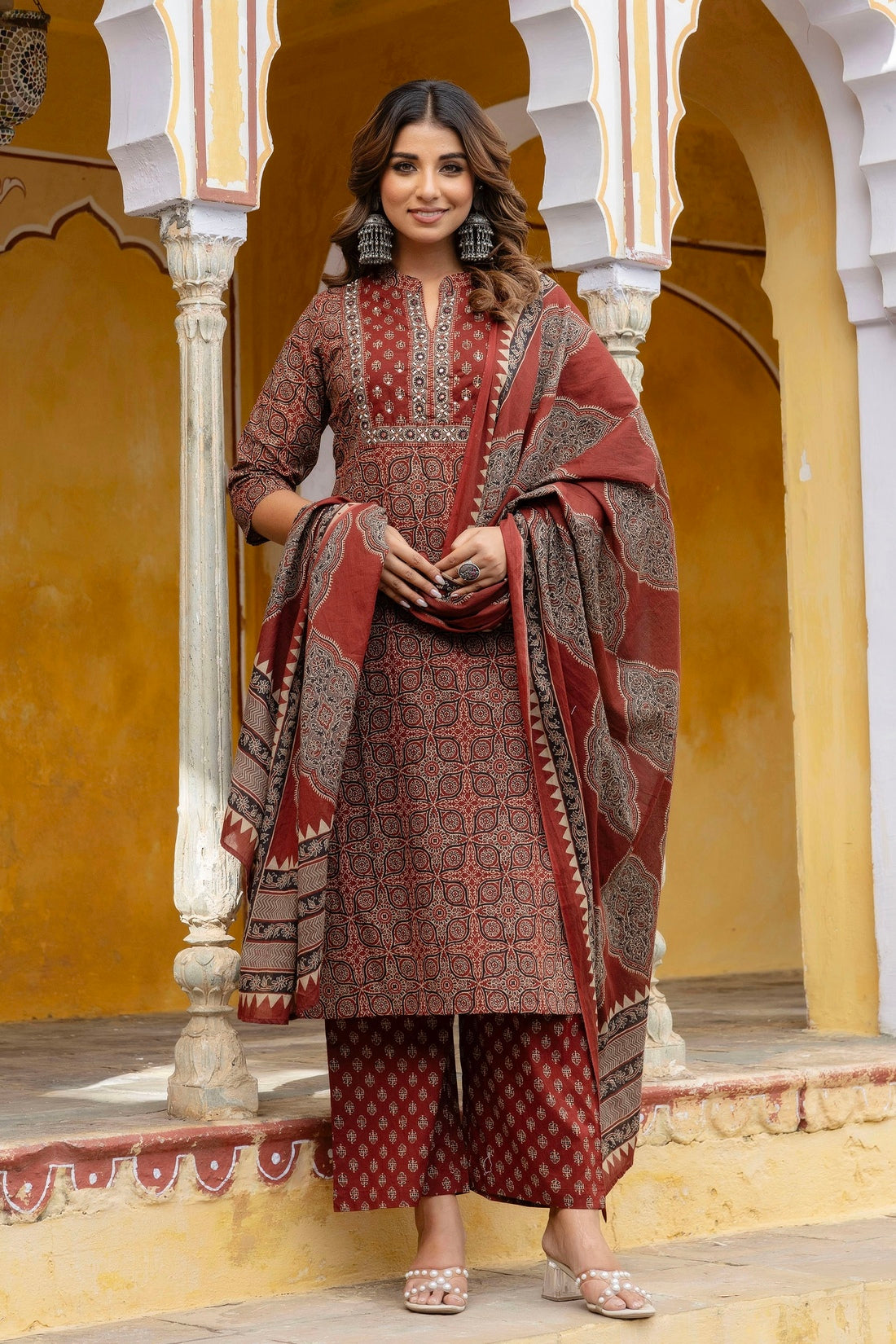 Maroon Yoke Design Printed Cotton Kurta Set with Palazzos and Dupatta