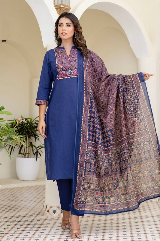 Blue Yoke Design Solid Kurta Set with Trousers and Dupatta