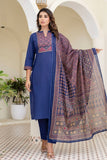 Blue Yoke Design Solid Kurta Set with Trousers and Dupatta