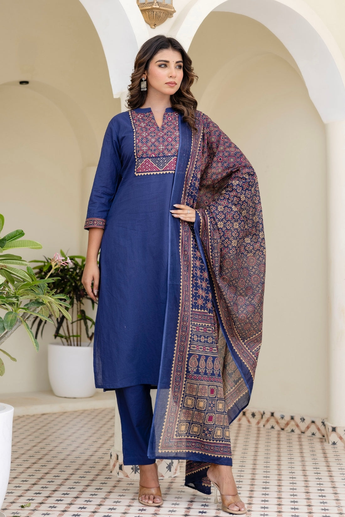 Blue Yoke Design Solid Kurta Set with Trousers and Dupatta