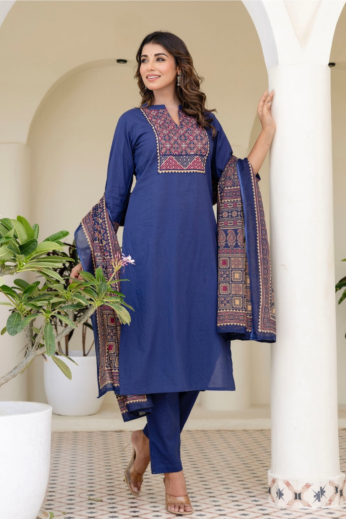 Blue Yoke Design Solid Kurta Set with Trousers and Dupatta