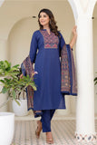 Blue Yoke Design Solid Kurta Set with Trousers and Dupatta