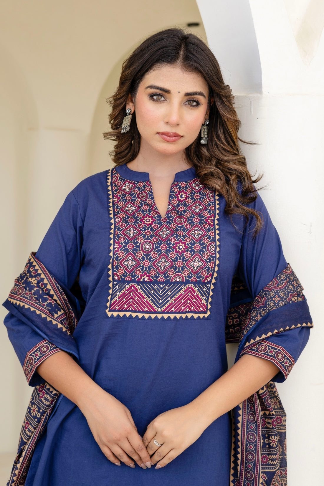 Blue Yoke Design Solid Kurta Set with Trousers and Dupatta