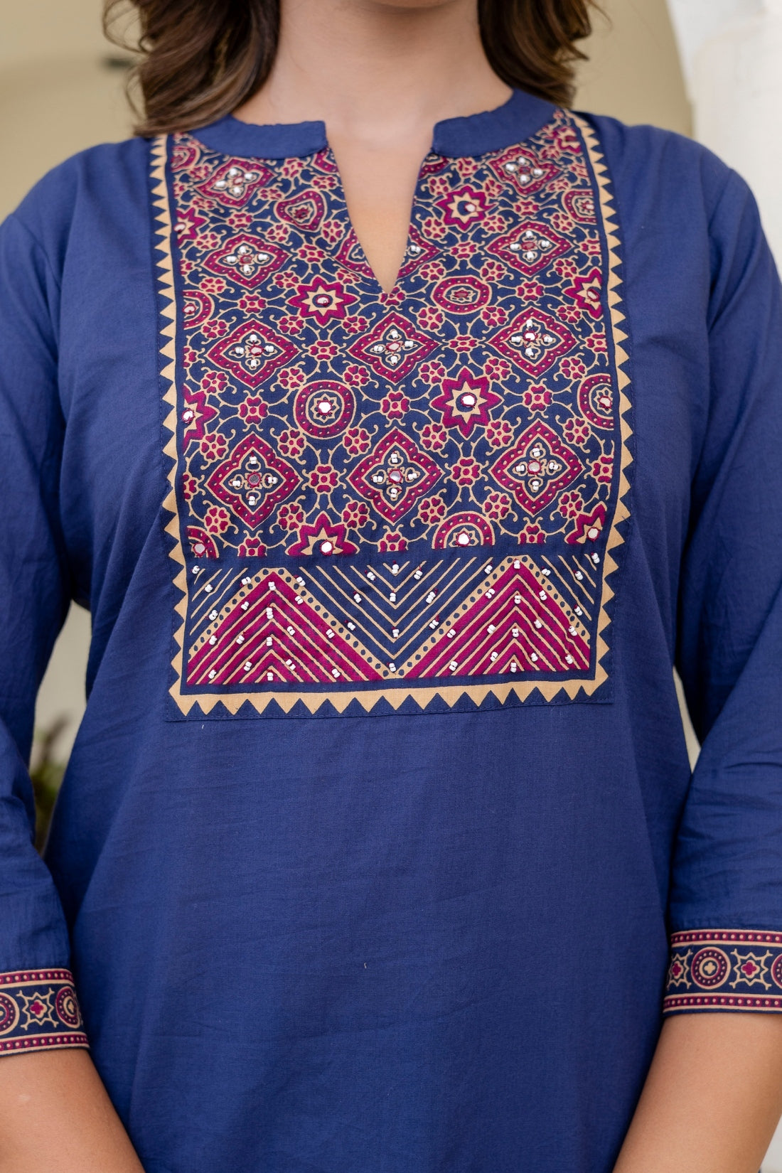 Blue Yoke Design Solid Kurta Set with Trousers and Dupatta
