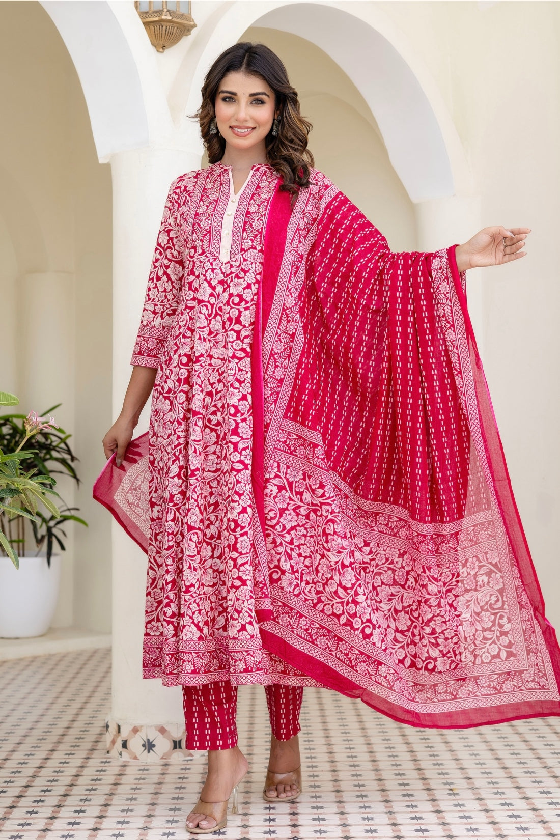 Pink Yoke Design Anarkali Suit Set with Trousers and Dupatta