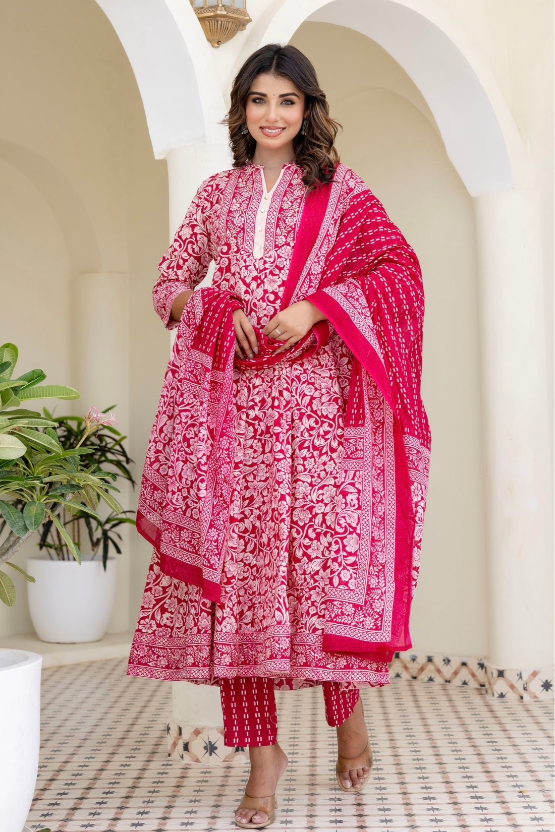 Pink Yoke Design Anarkali Suit Set with Trousers and Dupatta