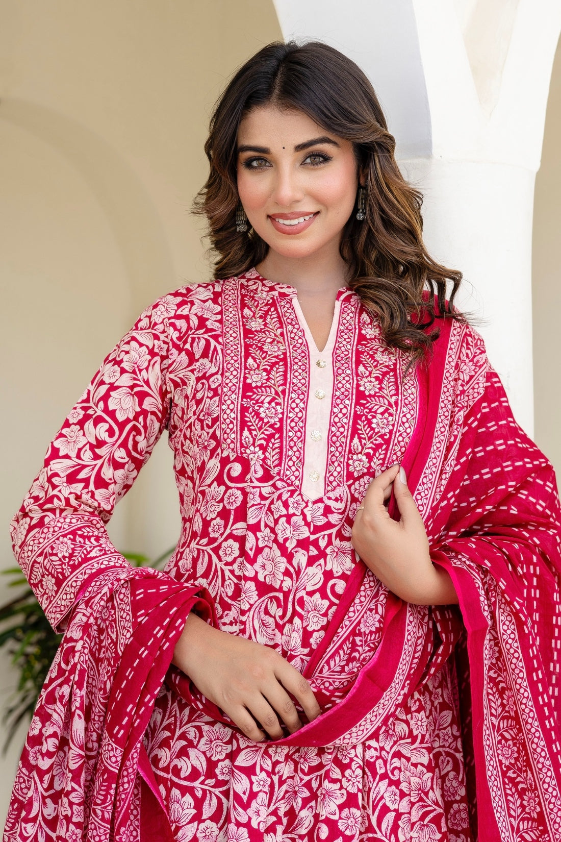 Pink Yoke Design Anarkali Suit Set with Trousers and Dupatta