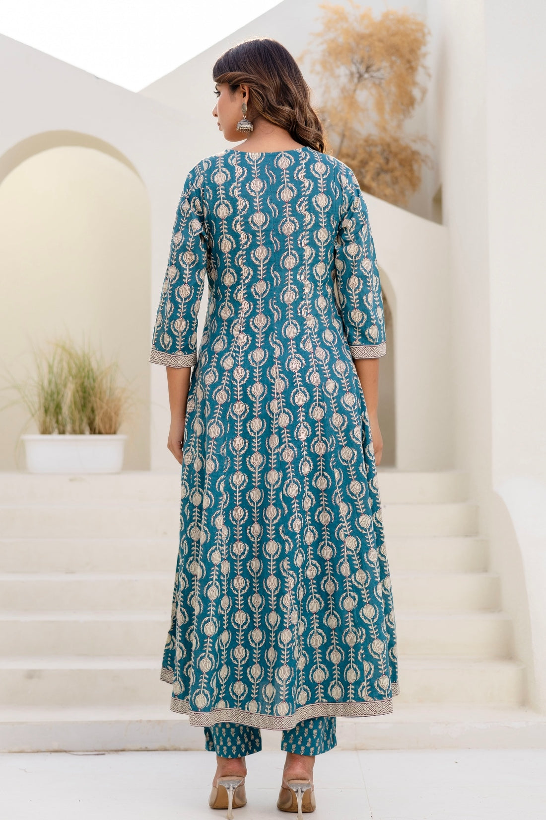 Teal Green Festive Anarkali Suit Set with Trousers and Dupatta
