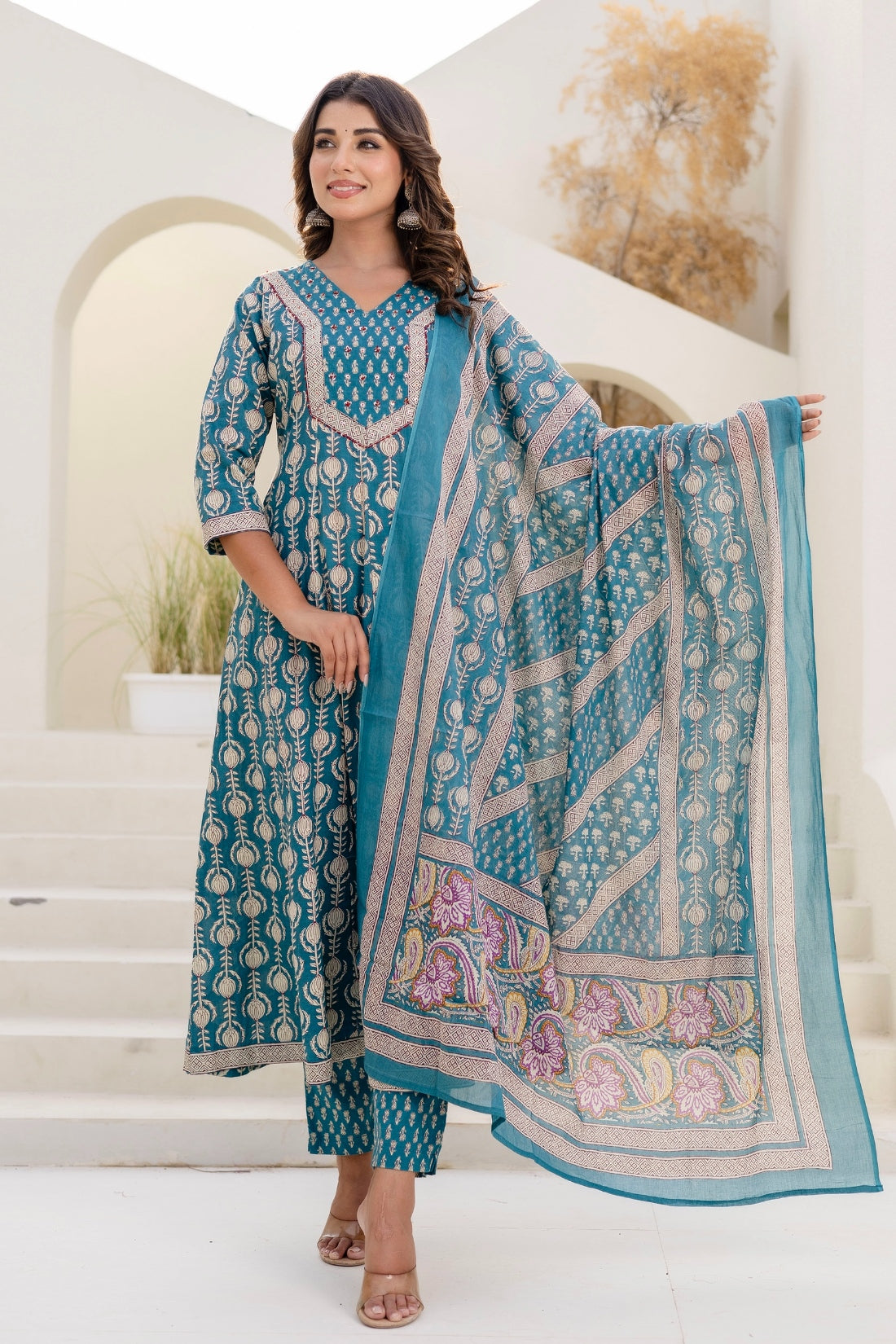 Teal Green Festive Anarkali Suit Set with Trousers and Dupatta
