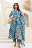 Teal Green Festive Anarkali Suit Set with Trousers and Dupatta