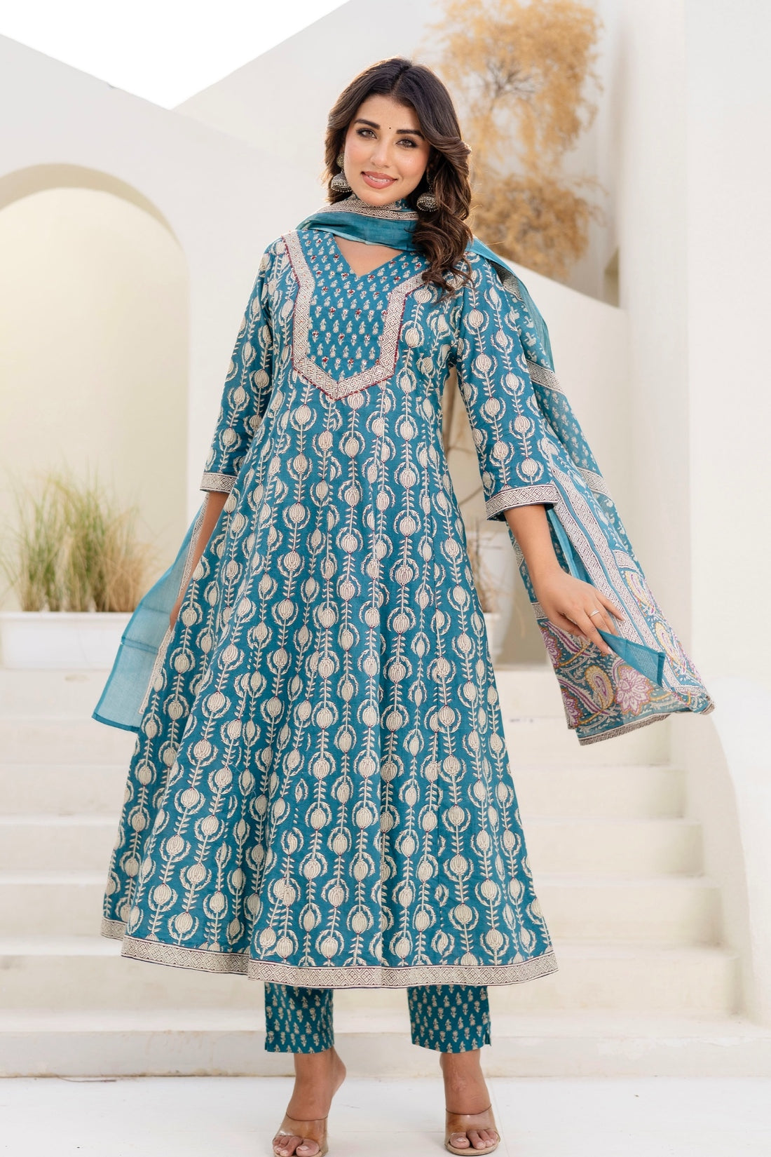 Teal Green Festive Anarkali Suit Set with Trousers and Dupatta